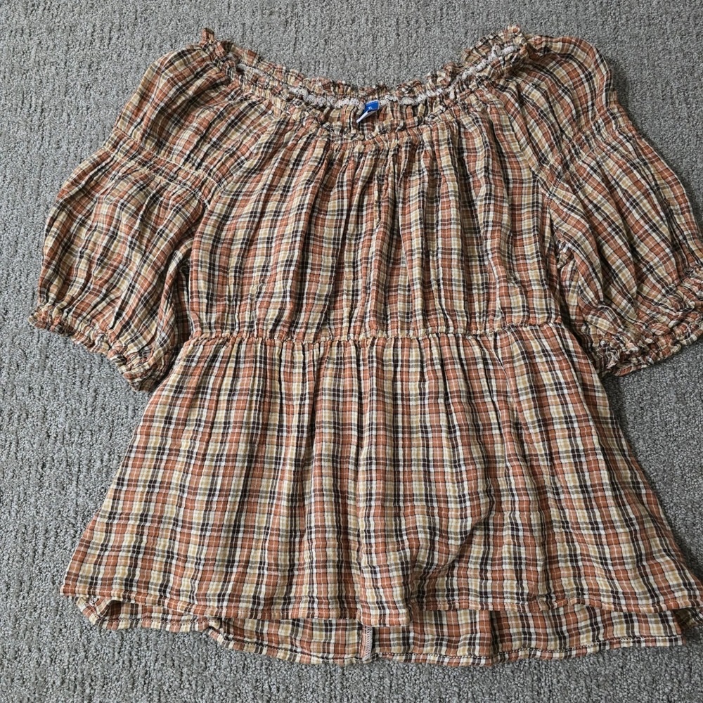 Old Navy XL Tall Plaid Peasant Blouse Brown Cotton Cottagecore Boho Top